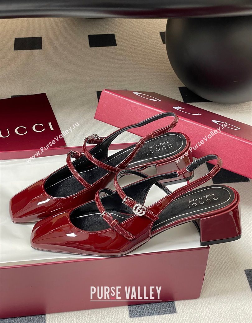 Gucci Patent Leather Slingback Pump 5.5cm with Strass GG Buckle Strap Ancora Red 2025 (MD-250828013)