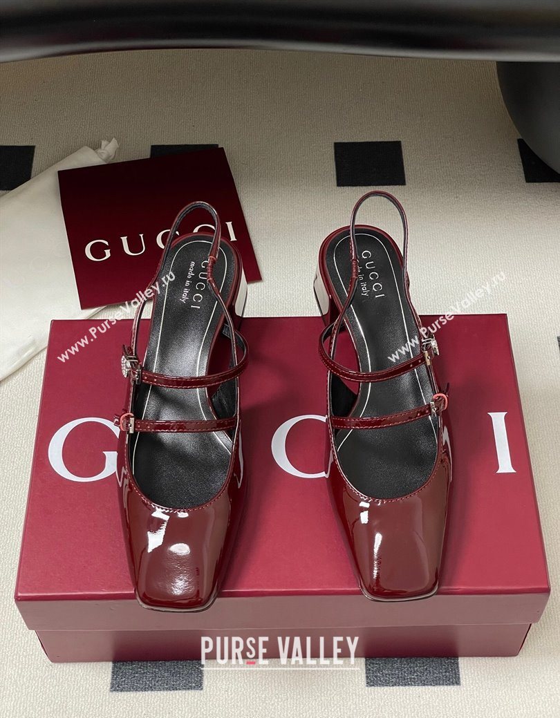 Gucci Patent Leather Slingback Pump 5.5cm with Strass GG Buckle Strap Ancora Red 2025 (MD-250828013)