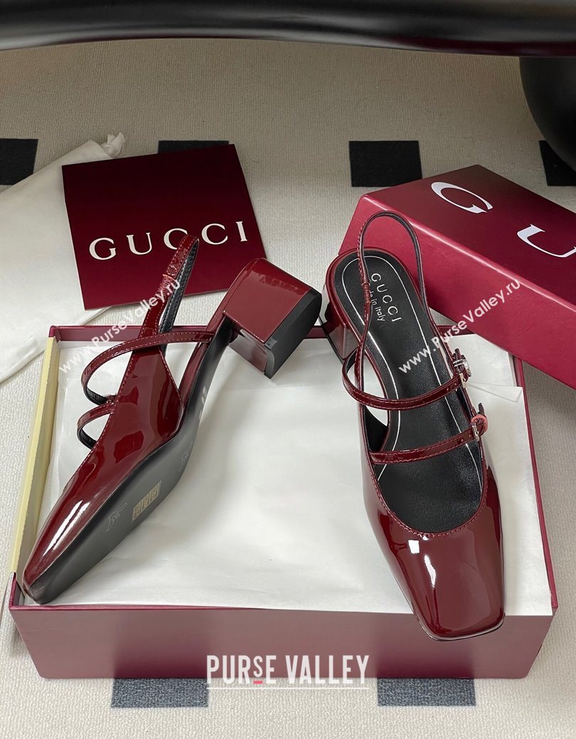 Gucci Patent Leather Slingback Pump 5.5cm with Strass GG Buckle Strap Ancora Red 2025 (MD-250828013)