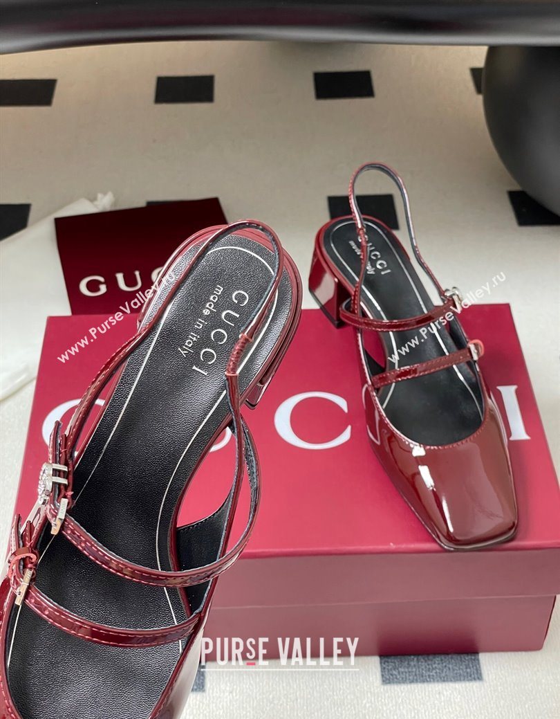 Gucci Patent Leather Slingback Pump 5.5cm with Strass GG Buckle Strap Ancora Red 2025 (MD-250828013)