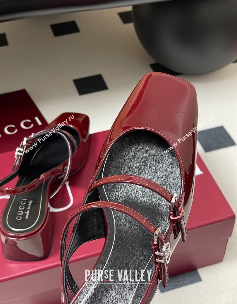Gucci Patent Leather Slingback Pump 5.5cm with Strass GG Buckle Strap Ancora Red 2025 (MD-250828013)