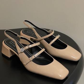 Gucci Patent Leather Slingback Pump 5.5cm with Strass GG Buckle Strap Beige 2025 (MD-250828014)