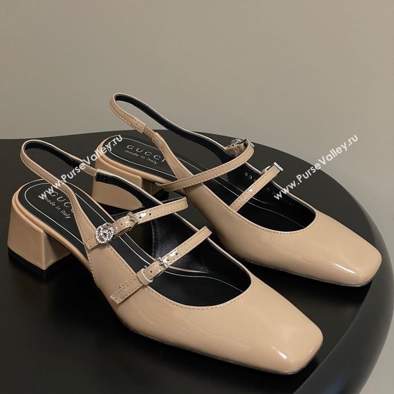 Gucci Patent Leather Slingback Pump 5.5cm with Strass GG Buckle Strap Beige 2025 (MD-250828014)
