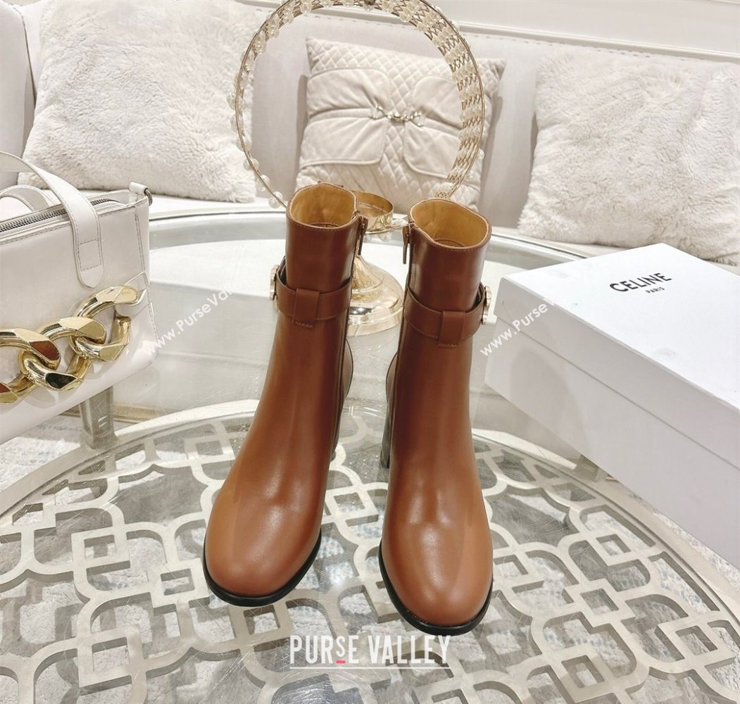 Celine Garance Heel Ankle Boots 6cm in Calfskin Leather with Triomphe Logo Strap Tan Brown 2025 (MD-251024050)