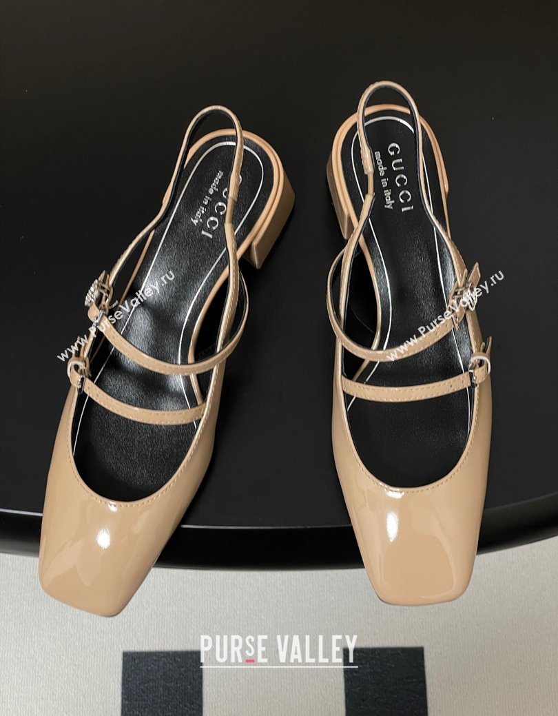 Gucci Patent Leather Slingback Pump 5.5cm with Strass GG Buckle Strap Beige 2025 (MD-250828014)