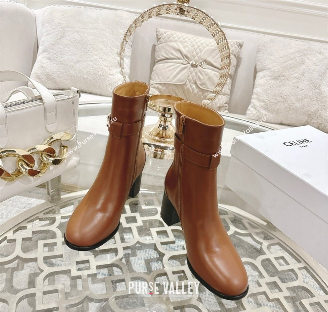 Celine Garance Heel Ankle Boots 6cm in Calfskin Leather with Triomphe Logo Strap Tan Brown 2025 (MD-251024050)