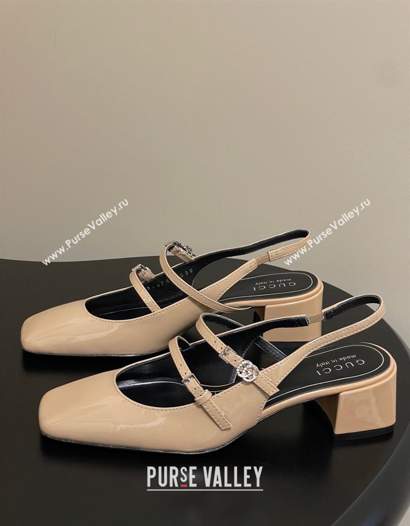 Gucci Patent Leather Slingback Pump 5.5cm with Strass GG Buckle Strap Beige 2025 (MD-250828014)