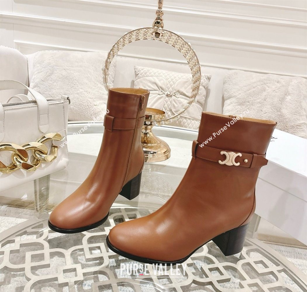 Celine Garance Heel Ankle Boots 6cm in Calfskin Leather with Triomphe Logo Strap Tan Brown 2025 (MD-251024050)