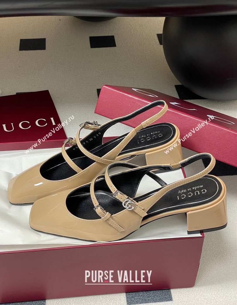 Gucci Patent Leather Slingback Pump 5.5cm with Strass GG Buckle Strap Beige 2025 (MD-250828014)