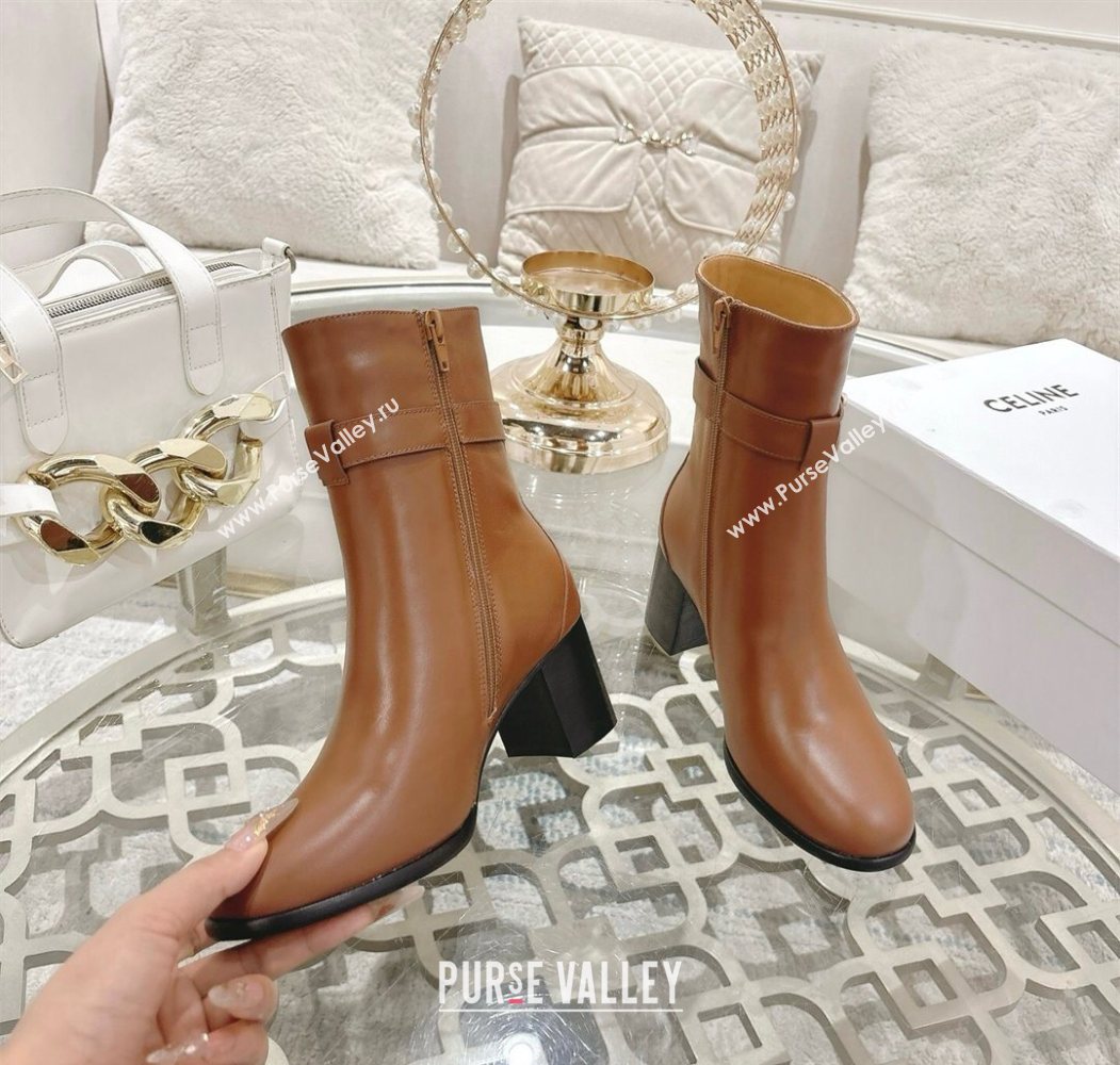 Celine Garance Heel Ankle Boots 6cm in Calfskin Leather with Triomphe Logo Strap Tan Brown 2025 (MD-251024050)