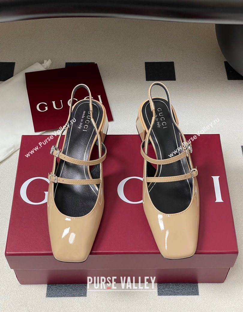 Gucci Patent Leather Slingback Pump 5.5cm with Strass GG Buckle Strap Beige 2025 (MD-250828014)