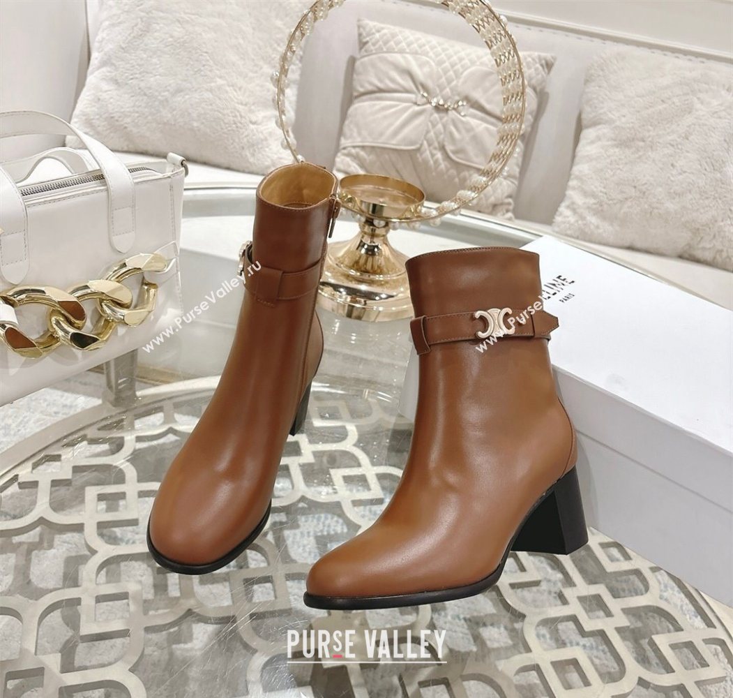 Celine Garance Heel Ankle Boots 6cm in Calfskin Leather with Triomphe Logo Strap Tan Brown 2025 (MD-251024050)