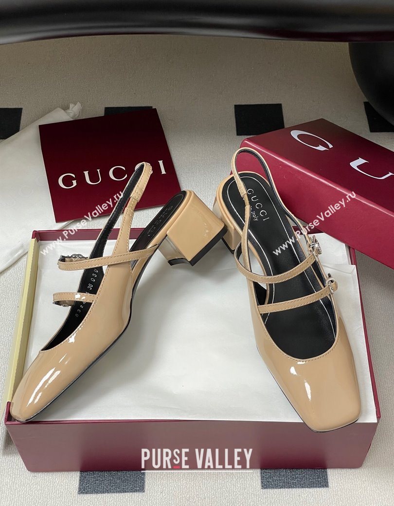 Gucci Patent Leather Slingback Pump 5.5cm with Strass GG Buckle Strap Beige 2025 (MD-250828014)
