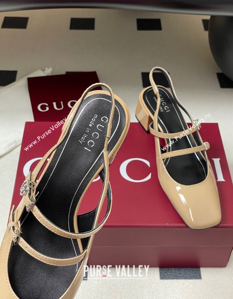 Gucci Patent Leather Slingback Pump 5.5cm with Strass GG Buckle Strap Beige 2025 (MD-250828014)
