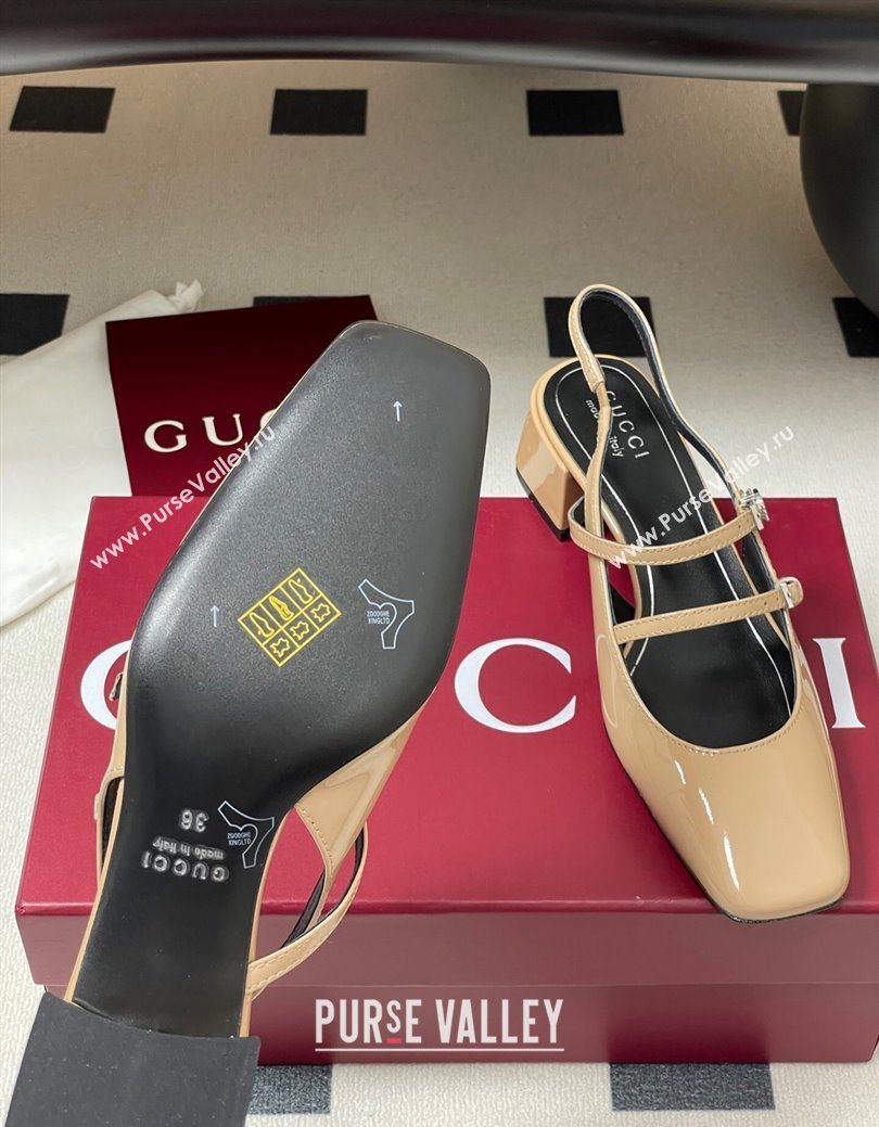 Gucci Patent Leather Slingback Pump 5.5cm with Strass GG Buckle Strap Beige 2025 (MD-250828014)