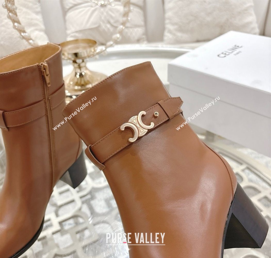 Celine Garance Heel Ankle Boots 6cm in Calfskin Leather with Triomphe Logo Strap Tan Brown 2025 (MD-251024050)