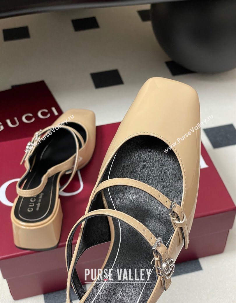 Gucci Patent Leather Slingback Pump 5.5cm with Strass GG Buckle Strap Beige 2025 (MD-250828014)