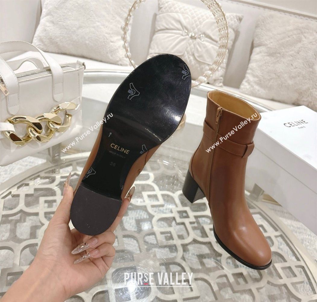 Celine Garance Heel Ankle Boots 6cm in Calfskin Leather with Triomphe Logo Strap Tan Brown 2025 (MD-251024050)