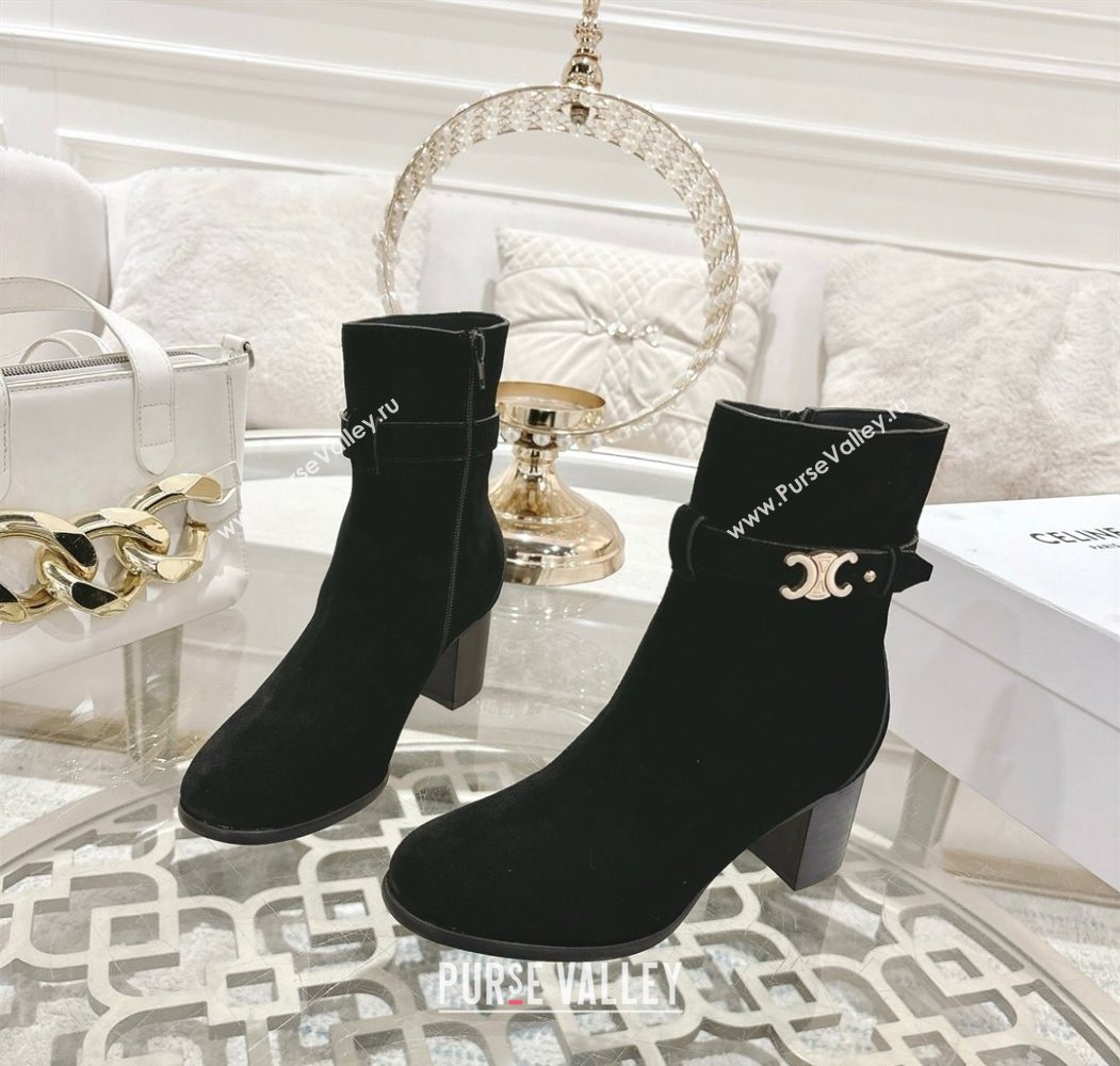 Celine Garance Heel Ankle Boots 6cm in Suede with Triomphe Logo Strap Black 2025 (MD-251024051)