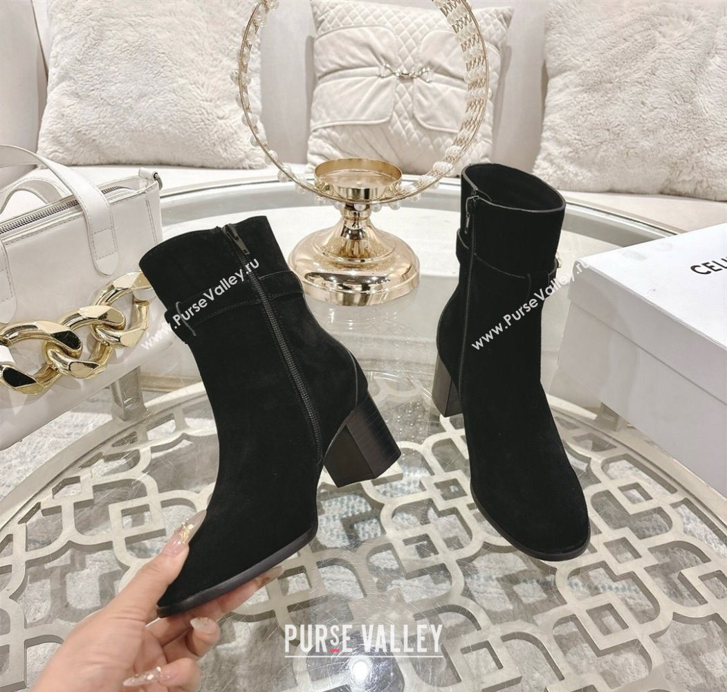 Celine Garance Heel Ankle Boots 6cm in Suede with Triomphe Logo Strap Black 2025 (MD-251024051)