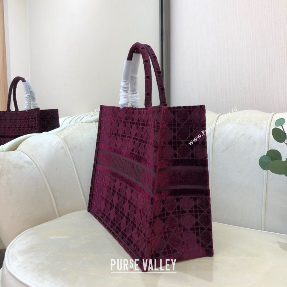 Dior Large Book Tote Bag in Burgundy Cannage Embroidered Velvet 2020 (XXG-20112627)