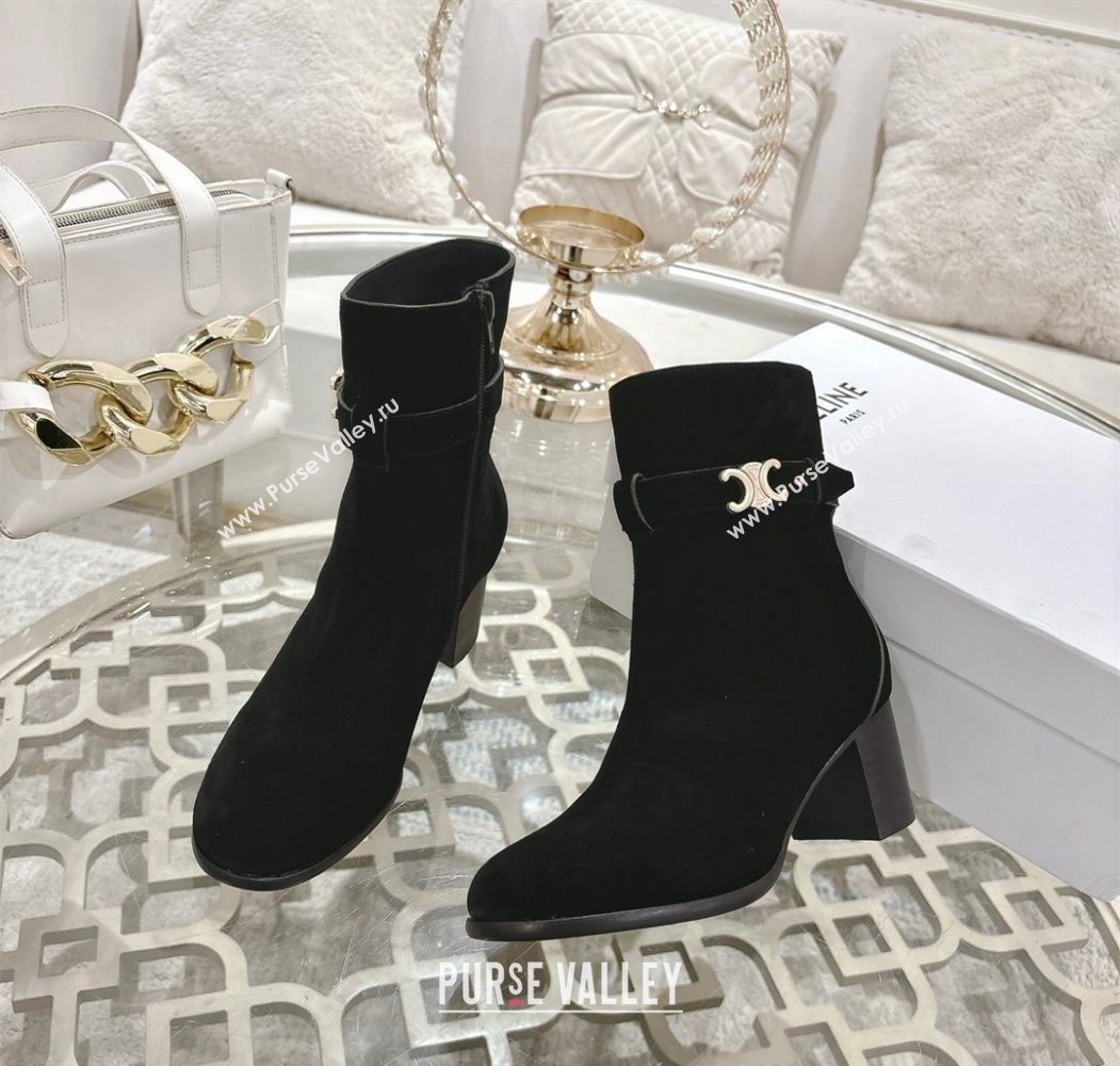 Celine Garance Heel Ankle Boots 6cm in Suede with Triomphe Logo Strap Black 2025 (MD-251024051)