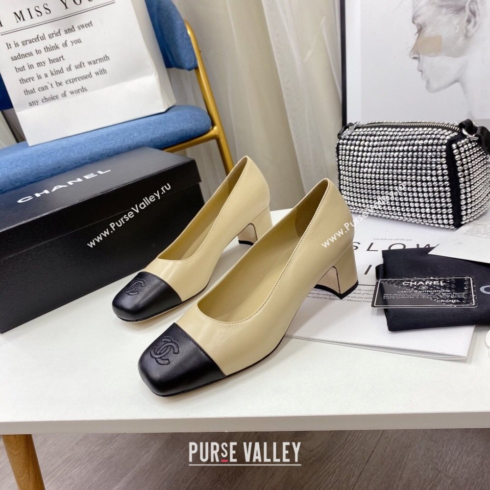 Chanel Lambskin Square Heel Pumps 5cm Beige 2020 (MD-20122108)