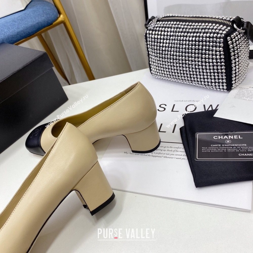 Chanel Lambskin Square Heel Pumps 5cm Beige 2020 (MD-20122108)