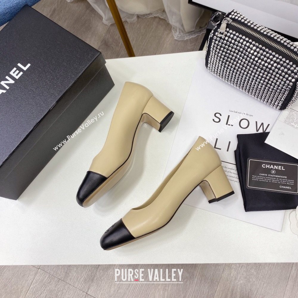 Chanel Lambskin Square Heel Pumps 5cm Beige 2020 (MD-20122108)