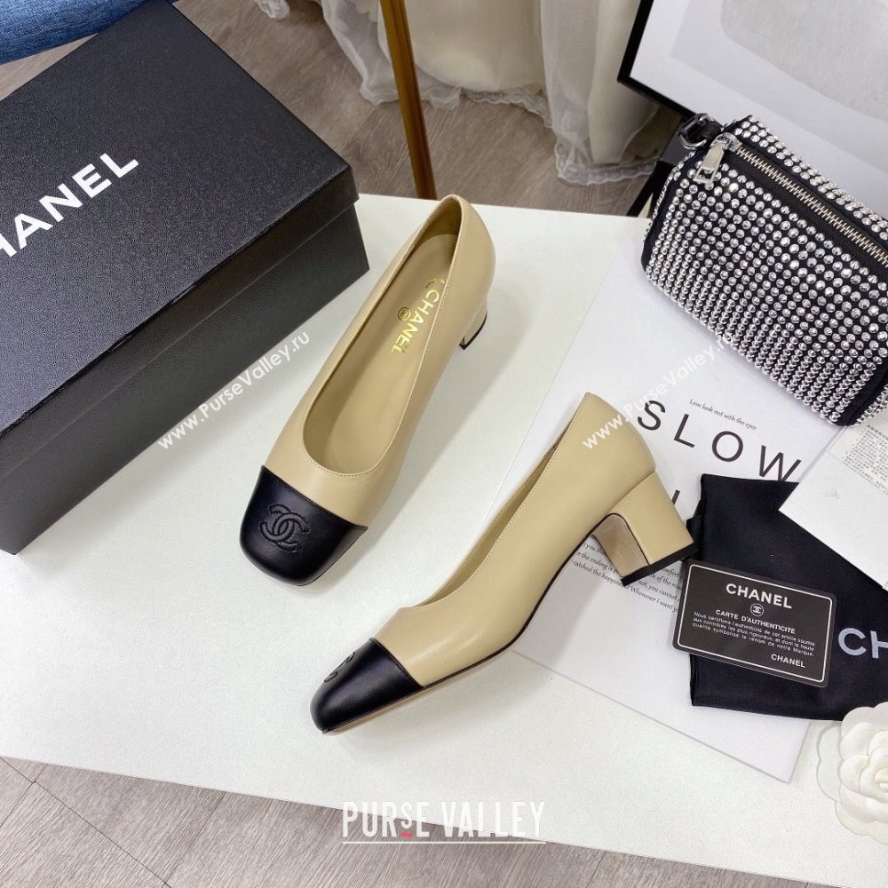 Chanel Lambskin Square Heel Pumps 5cm Beige 2020 (MD-20122108)