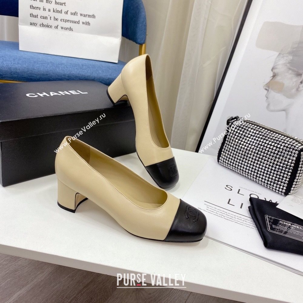 Chanel Lambskin Square Heel Pumps 5cm Beige 2020 (MD-20122108)