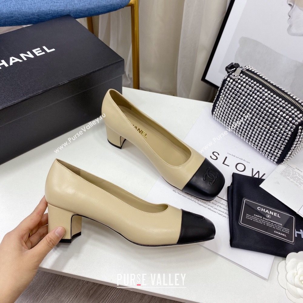 Chanel Lambskin Square Heel Pumps 5cm Beige 2020 (MD-20122108)