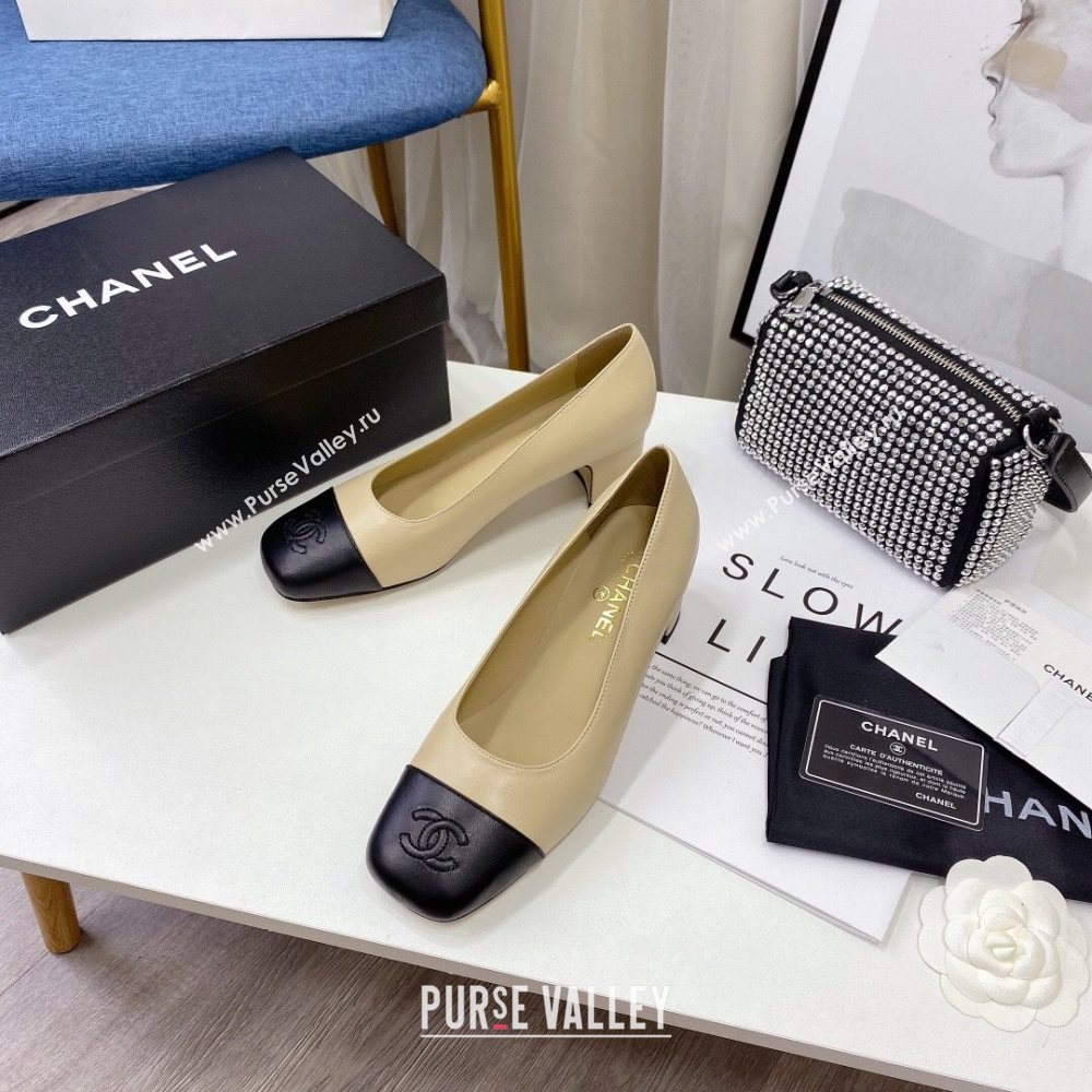 Chanel Lambskin Square Heel Pumps 5cm Beige 2020 (MD-20122108)