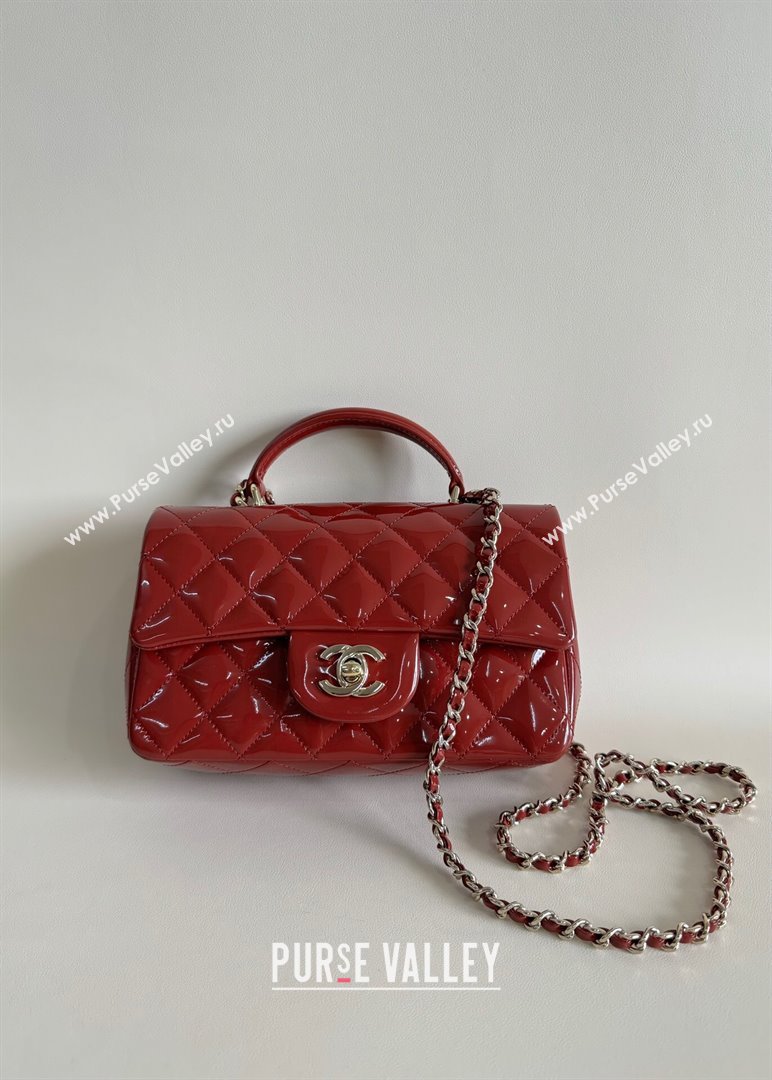 Chanel Mini Classic Flap Bag with Top Handle in Patent Calfskin AS2431 Burgundy 2024 (YUND-24101611)