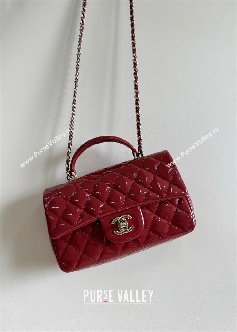 Chanel Mini Classic Flap Bag with Top Handle in Patent Calfskin AS2431 Burgundy 2024 (YUND-24101611)