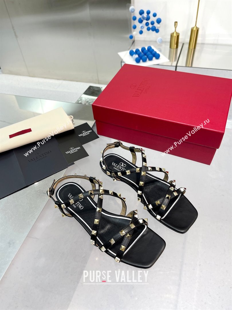 Valentino Calfskin Rockstud Sandal with Straps Black 2024 (XL-24082835)