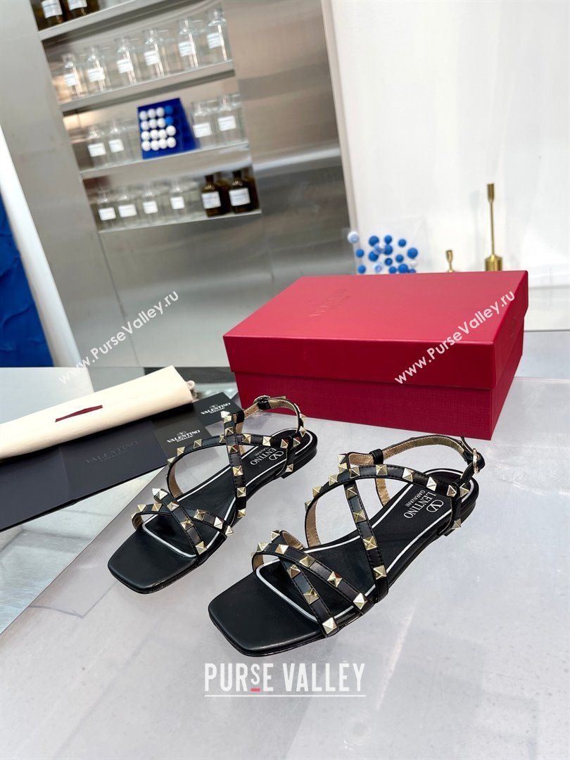 Valentino Calfskin Rockstud Sandal with Straps Black 2024 (XL-24082835)