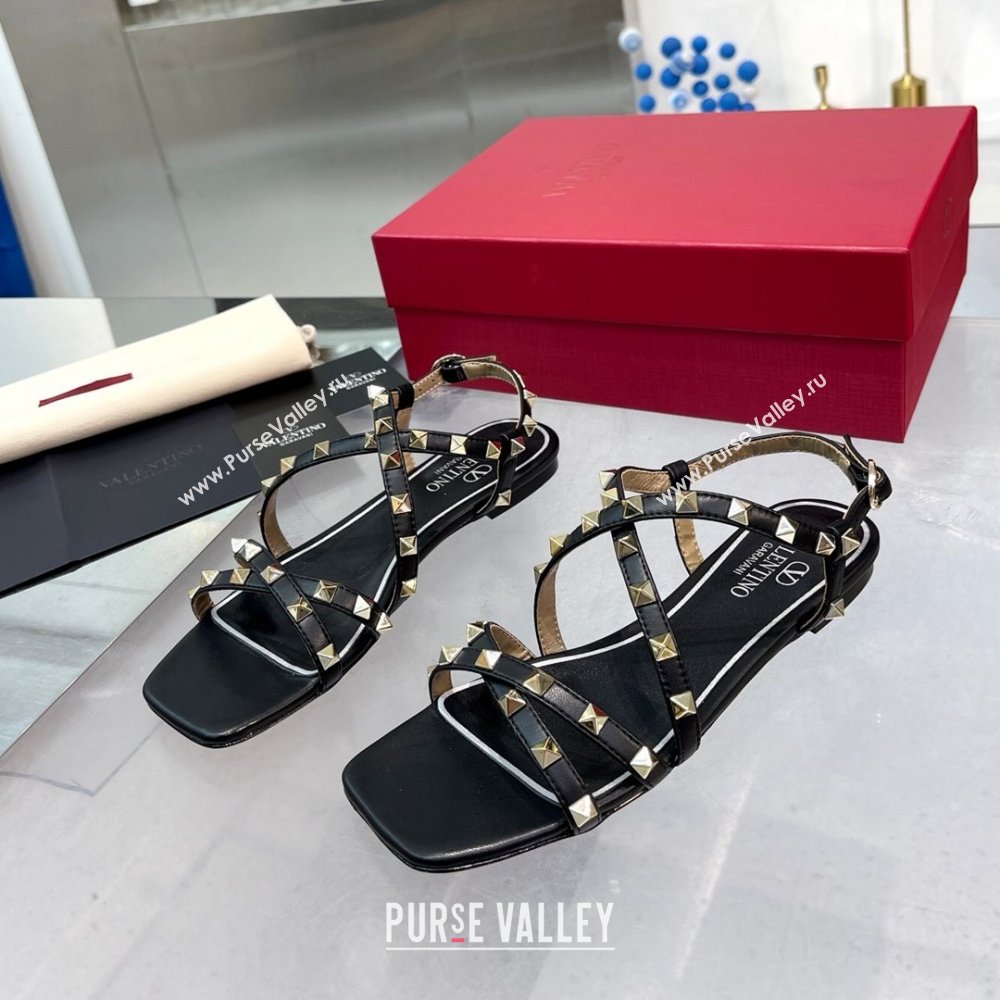 Valentino Calfskin Rockstud Sandal with Straps Black 2024 (XL-24082835)