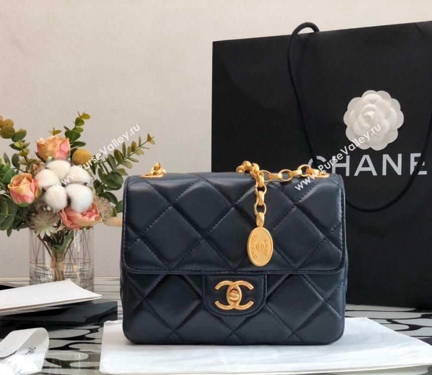 Chanel Quilted Leather Mini Sqaure Flap Bag with Vintage Coin Charm Dark Blue 2021 (YUND-21101208)