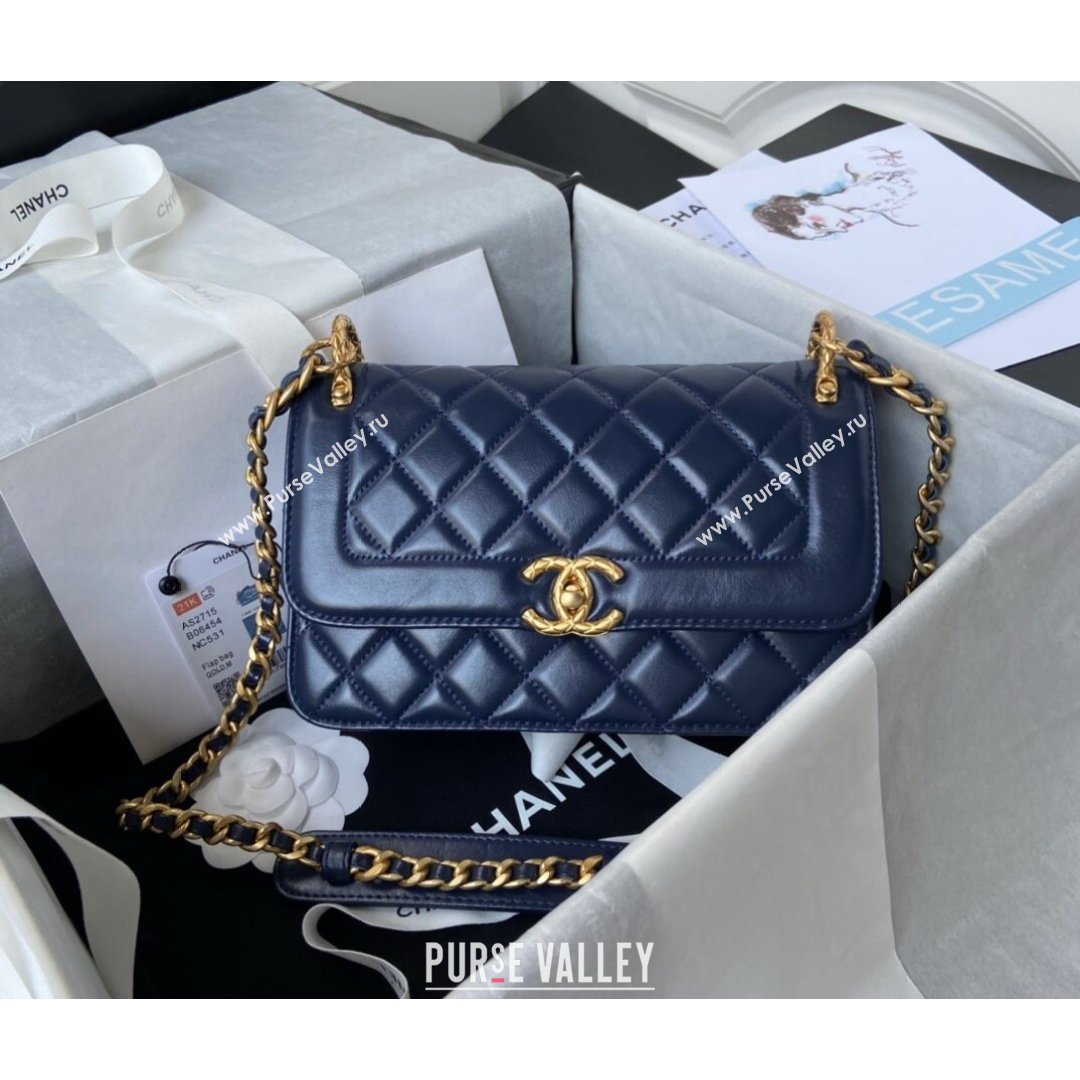 Chanel Smooth Calfskin & Vintage Metal Small Flap Bag Navy Blue 2021 (SSZ-21082811)