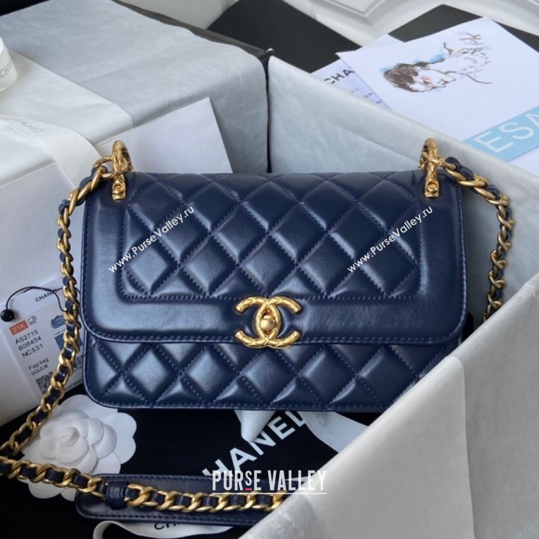 Chanel Smooth Calfskin & Vintage Metal Small Flap Bag Navy Blue 2021 (SSZ-21082811)
