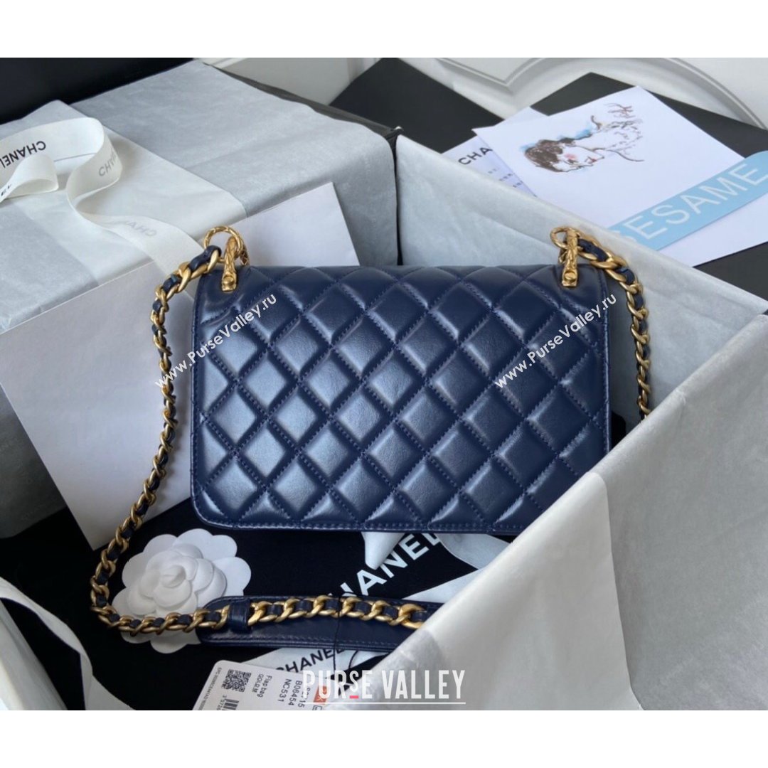 Chanel Smooth Calfskin & Vintage Metal Small Flap Bag Navy Blue 2021 (SSZ-21082811)