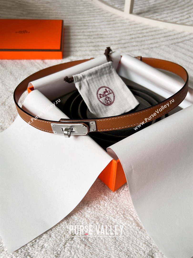 Hermes Epsom Leather Belt 1.8cm Brown/Silver 2024 (YANG-24072415)