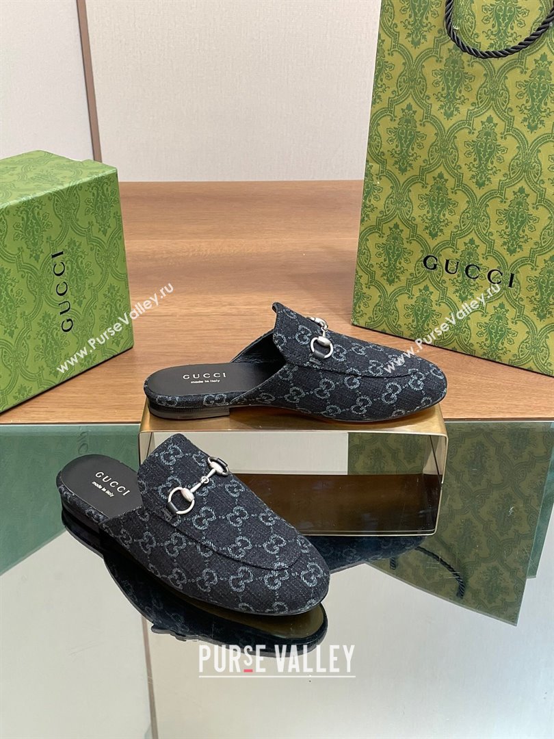 Gucci Princetown Flat Slippers in Black GG Denim 557730 2024 (SS-24051606)