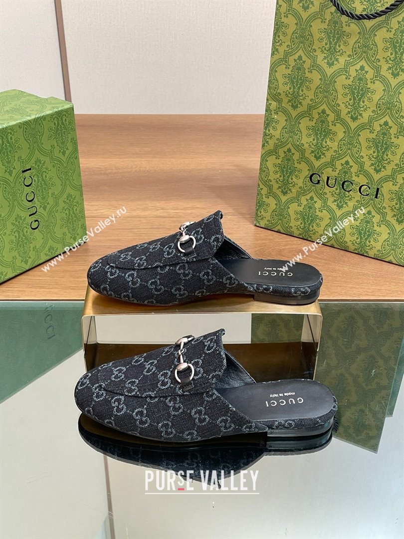 Gucci Princetown Flat Slippers in Black GG Denim 557730 2024 (SS-24051606)