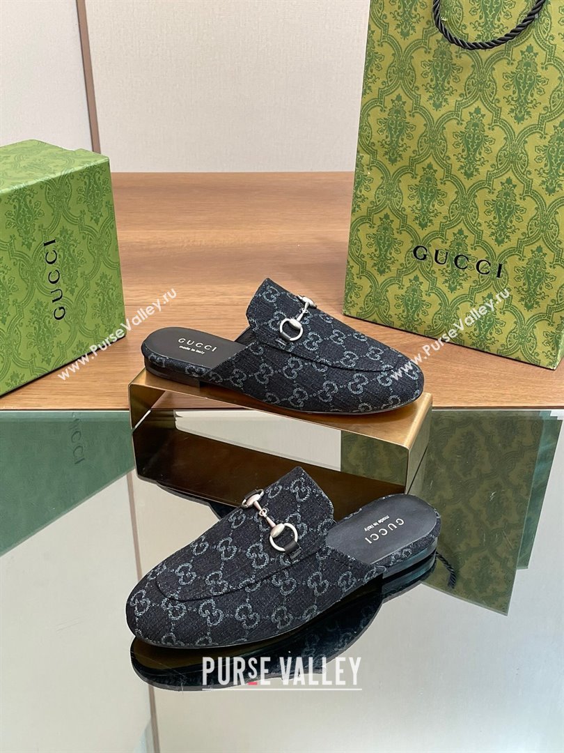 Gucci Princetown Flat Slippers in Black GG Denim 557730 2024 (SS-24051606)
