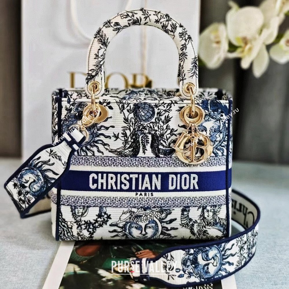 Dior Medium Lady D-Lite Bag in Toile de Jouy Soleil Embroidery White/Black 2024 (XXG-24070601)