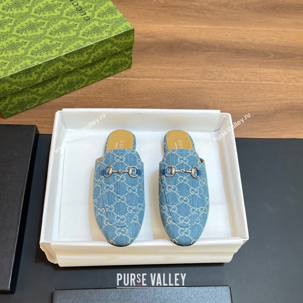 Gucci Princetown Flat Slippers in Light Blue GG Denim 557730 2024 (SS-24051603)