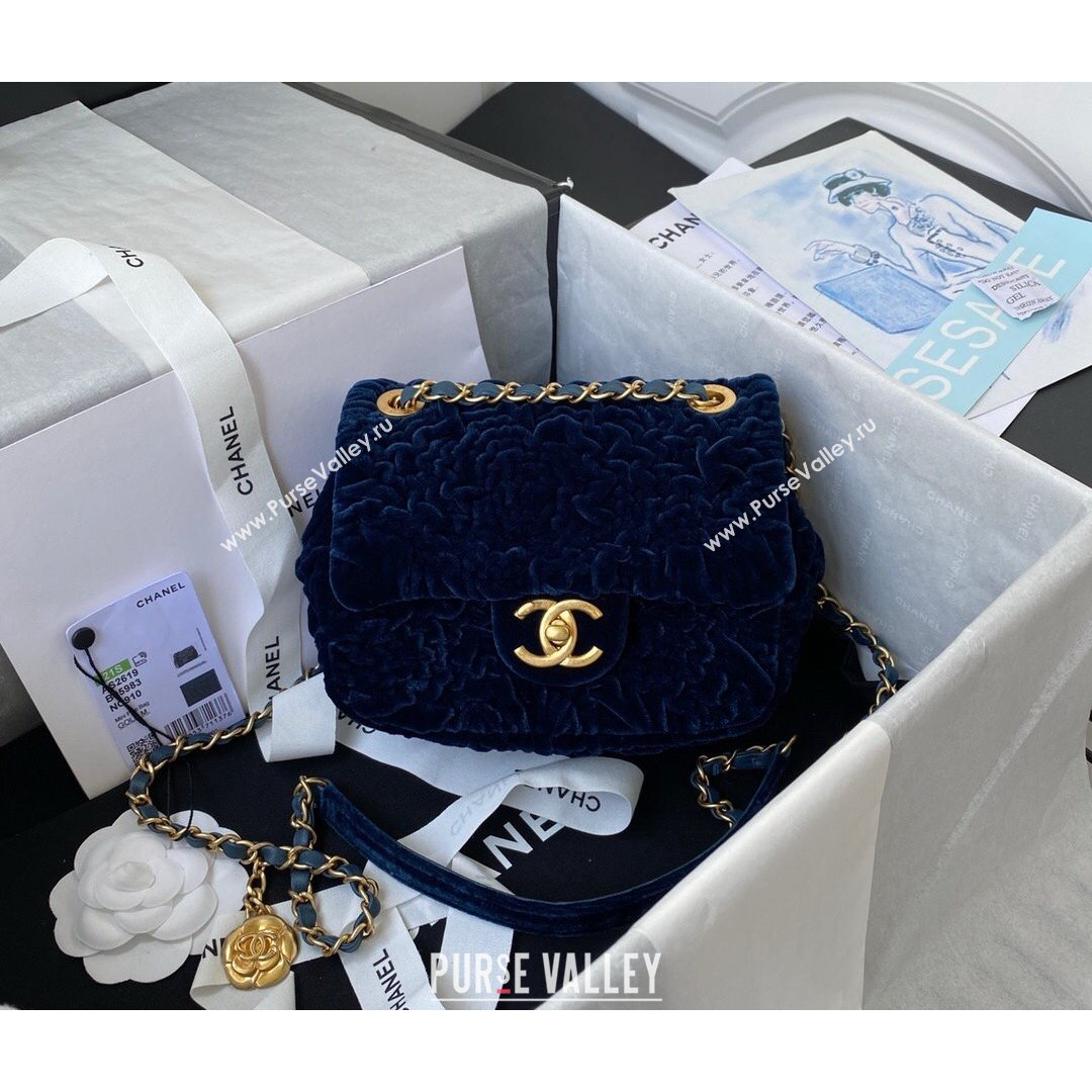 Chanel Camellia Velvet Mini Squre Flap Bag  AS2619 Navy Blue 2021 (SSZ-21082829)
