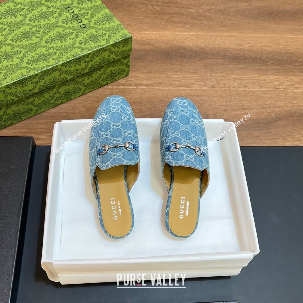 Gucci Princetown Flat Slippers in Light Blue GG Denim 557730 2024 (SS-24051603)